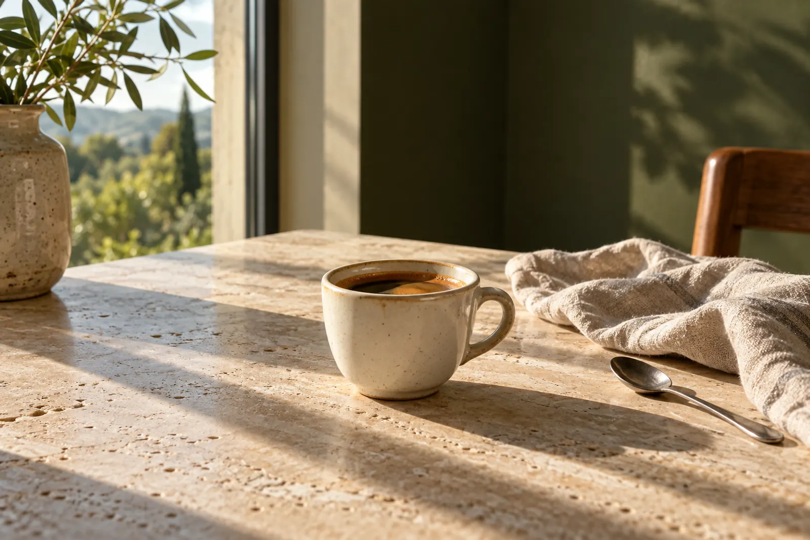 A cup of coffee beside a window in soft morning light.