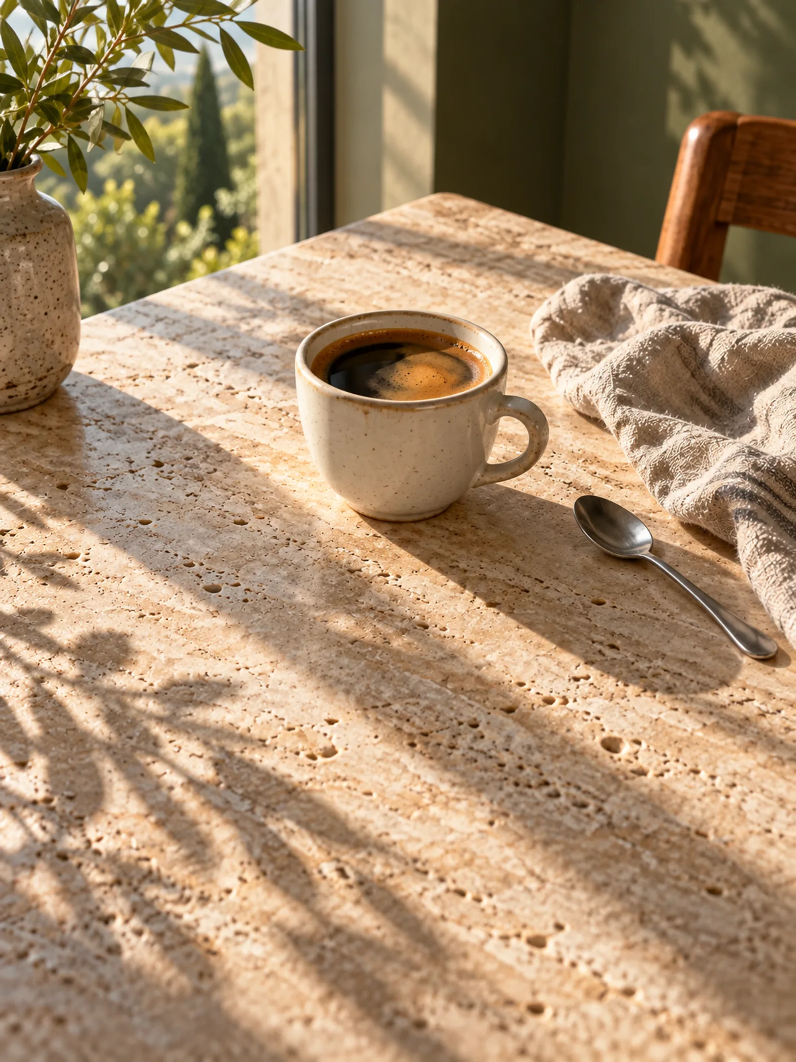 Editorial illustration — daylight by a window with coffee, a moment of alertness after a short rest
