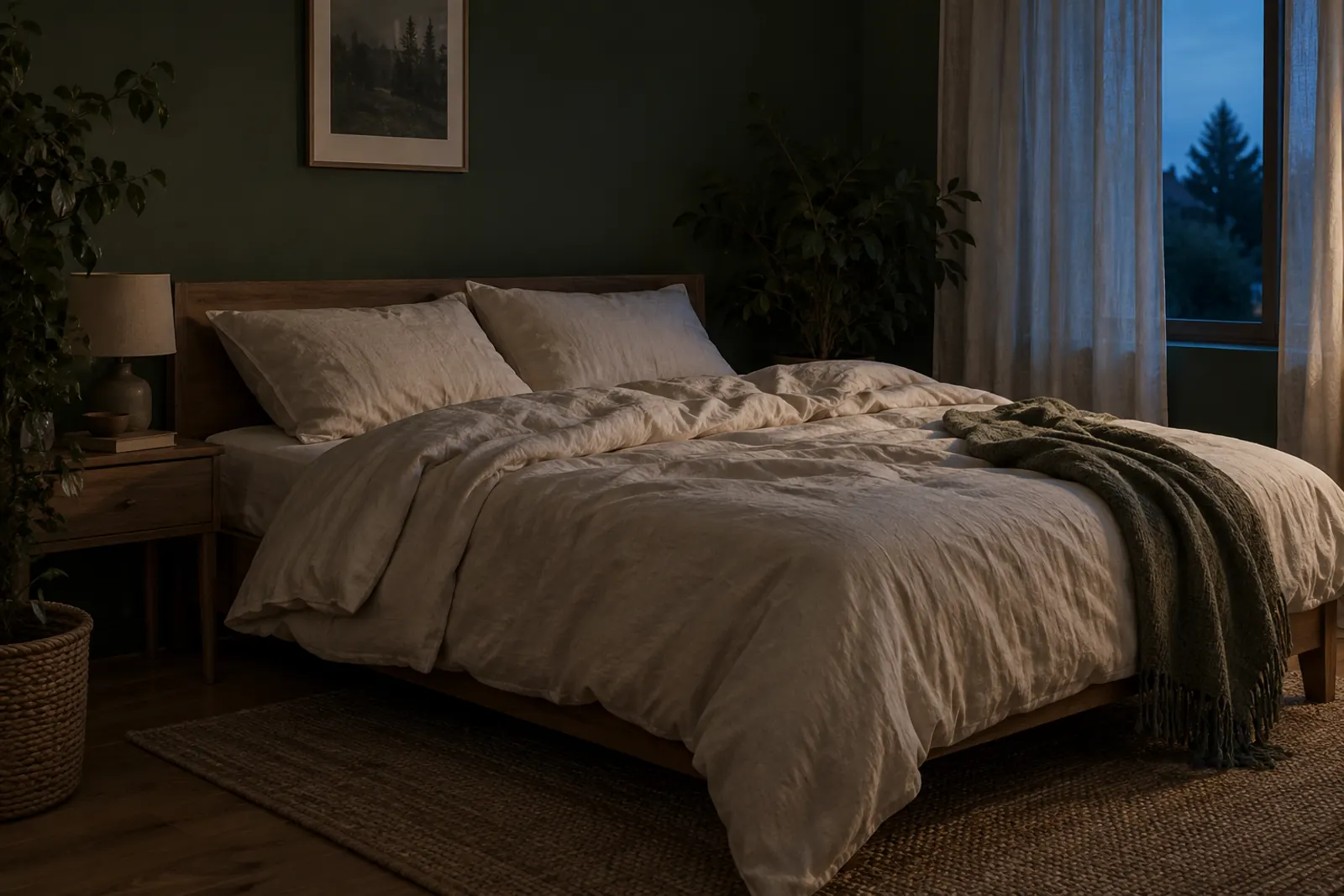 An illustrative bedroom scene with linen bedding and warm natural materials.