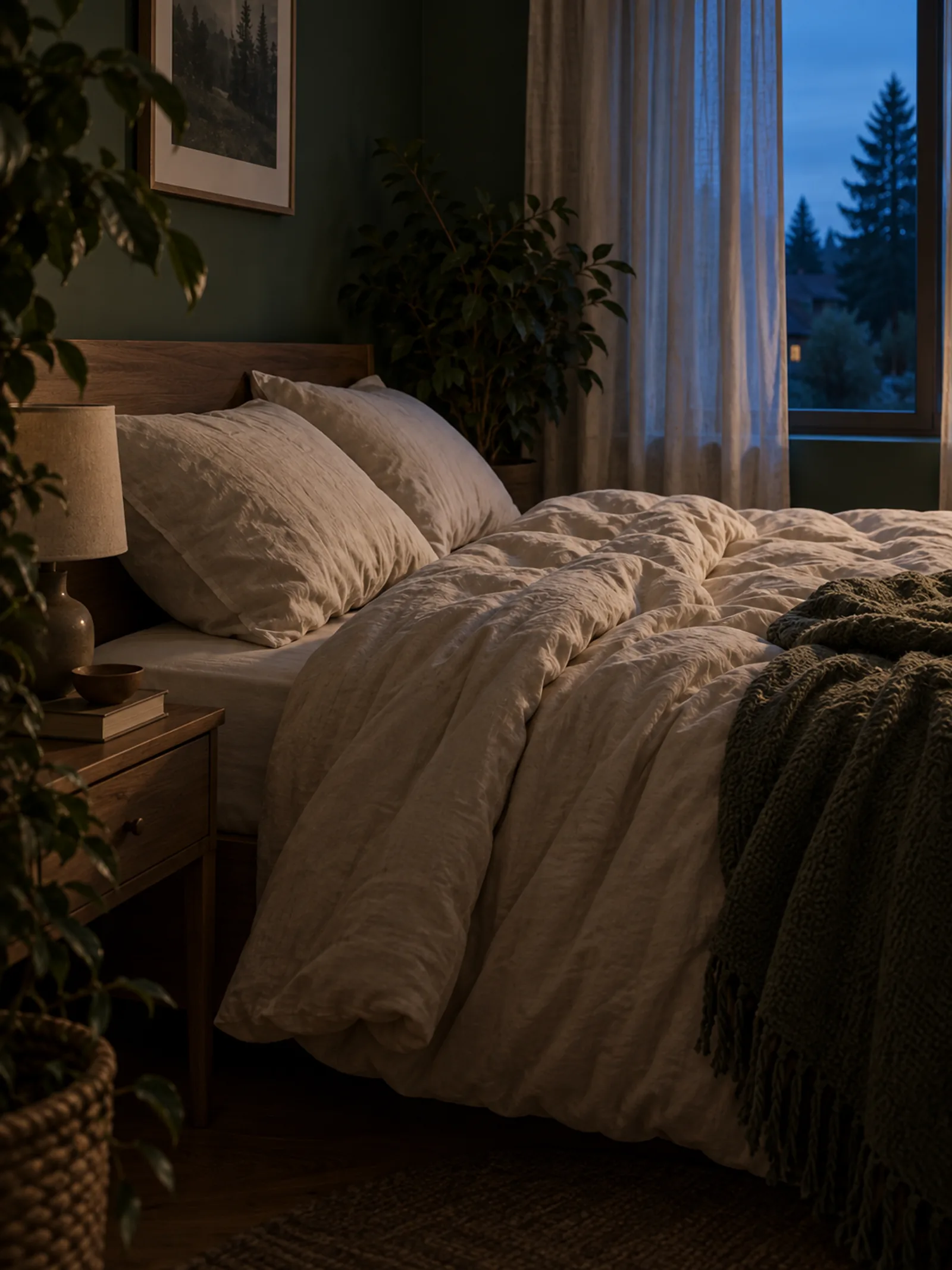 A calm bedroom — a space where comfort and position belong to evening rest, not a universal command
