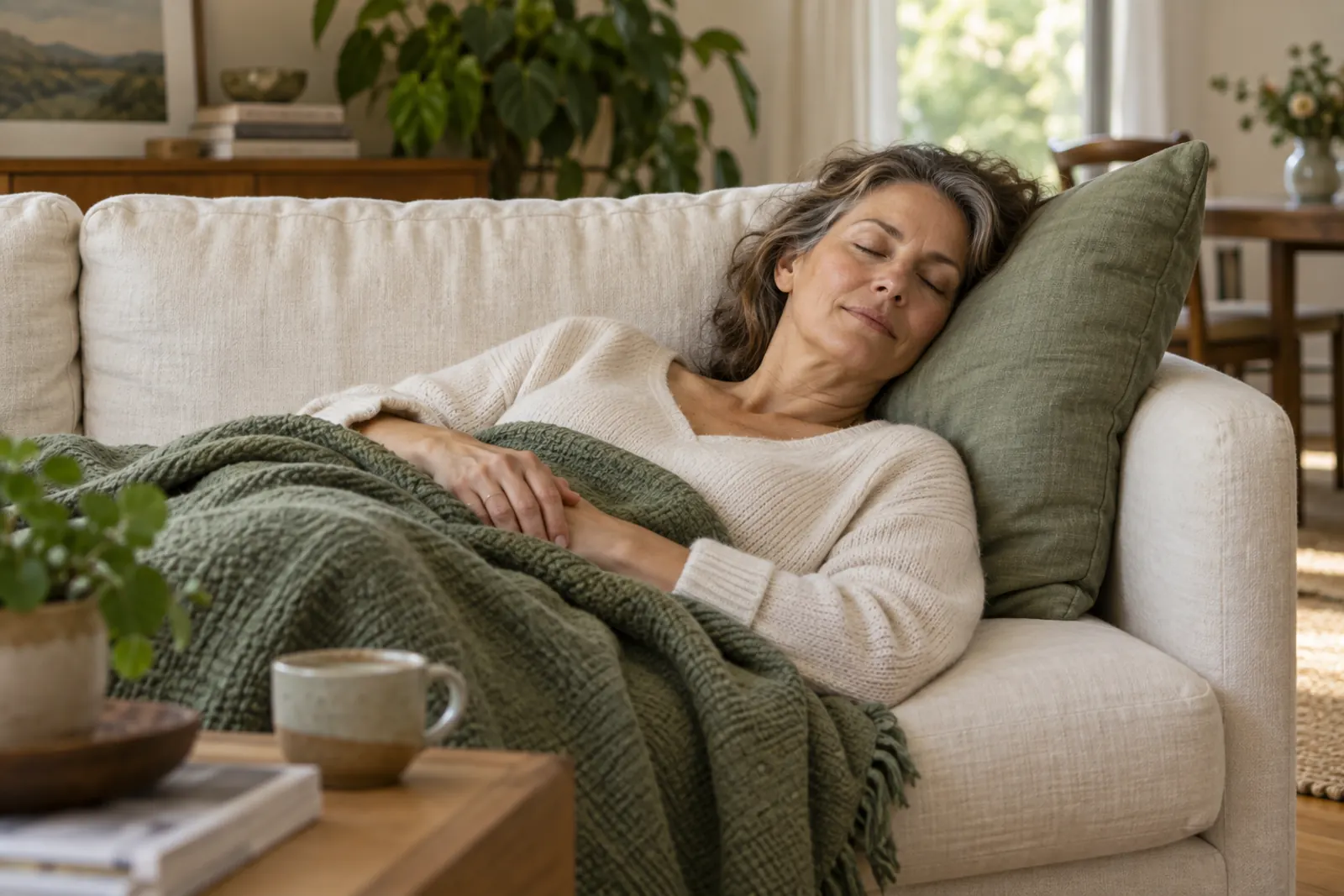 A woman rests on a sofa under a green blanket.