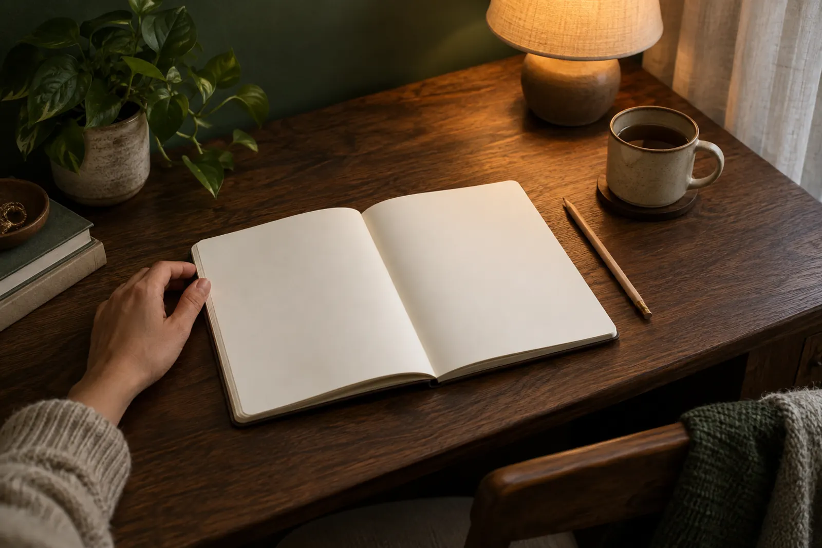 An open notebook sits on a wooden table in warm evening light.