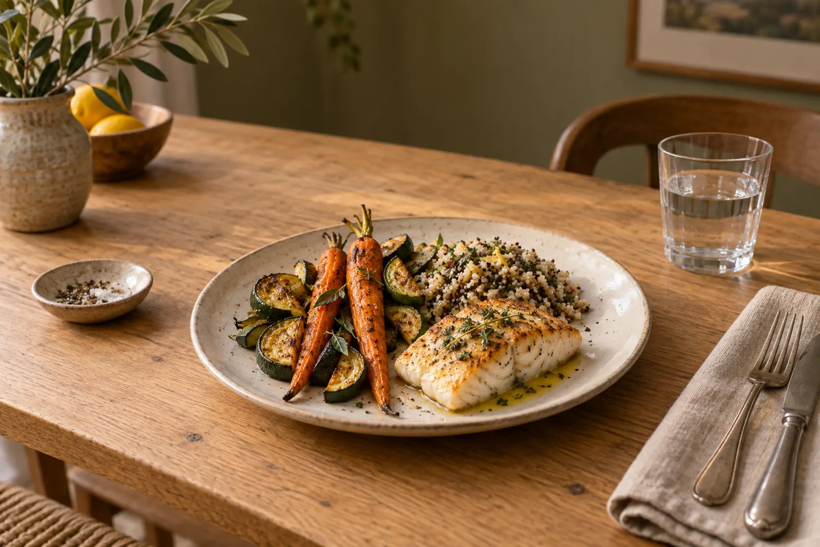 A simple vegetable dinner served on a ceramic plate.