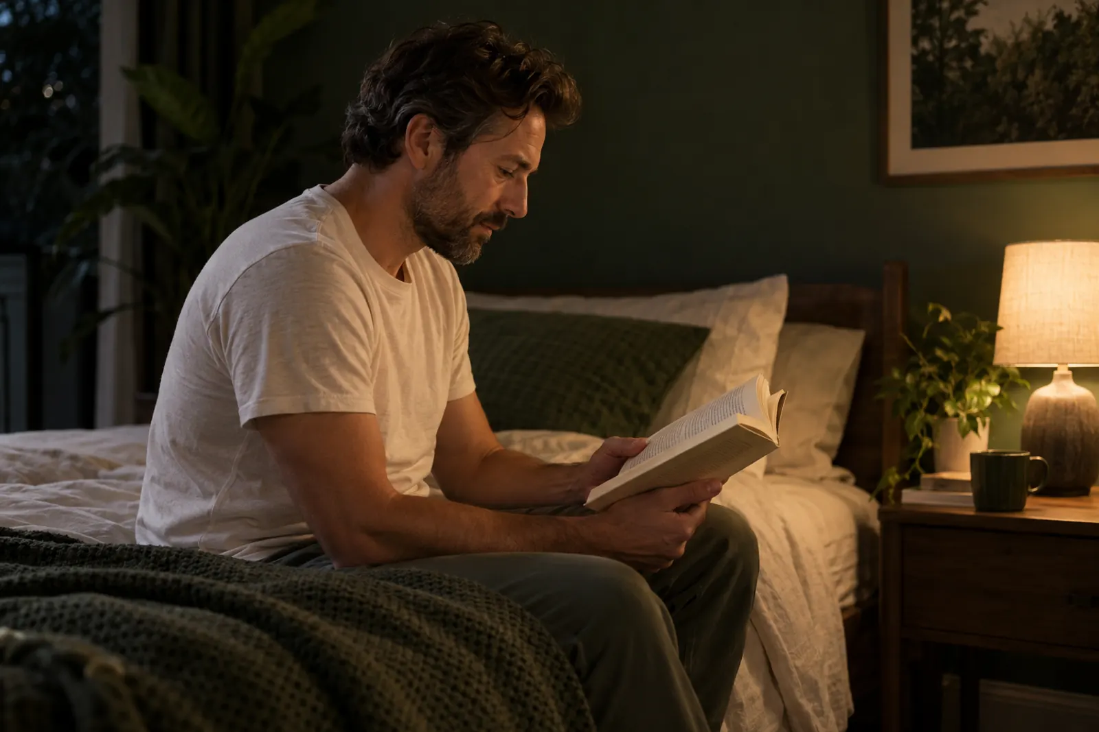 A man reads beside a softly lit bedside lamp.