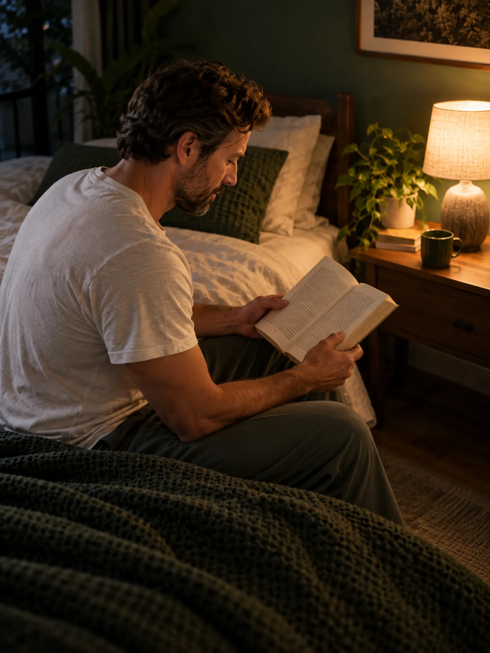 Editorial evening reading outside bed — a calm activity instead of forcing sleep