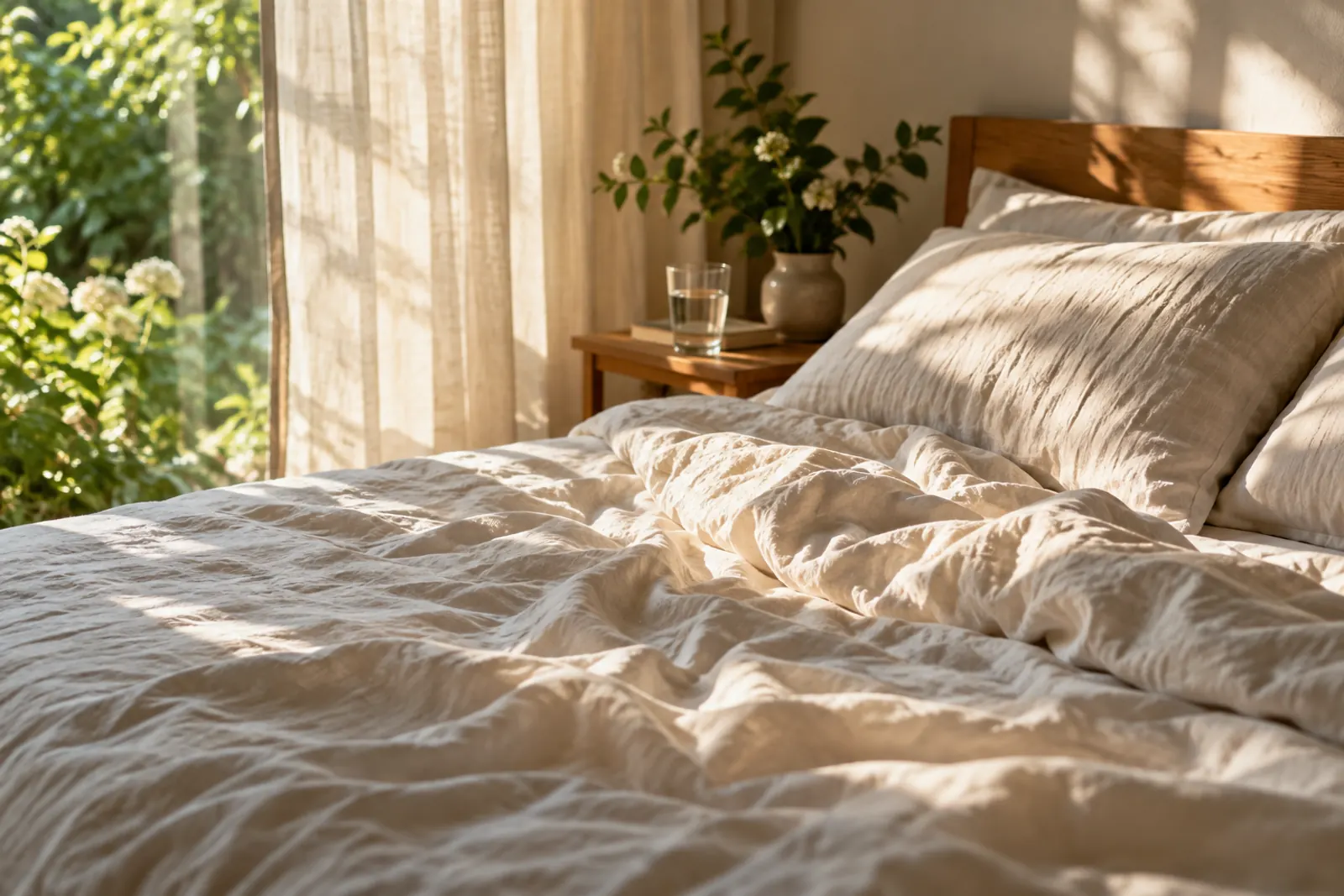 Soft morning light falls through linen curtains into a bedroom.