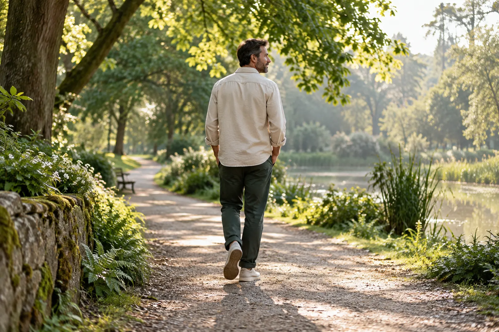 A person takes a quiet walk through a green park in morning light.