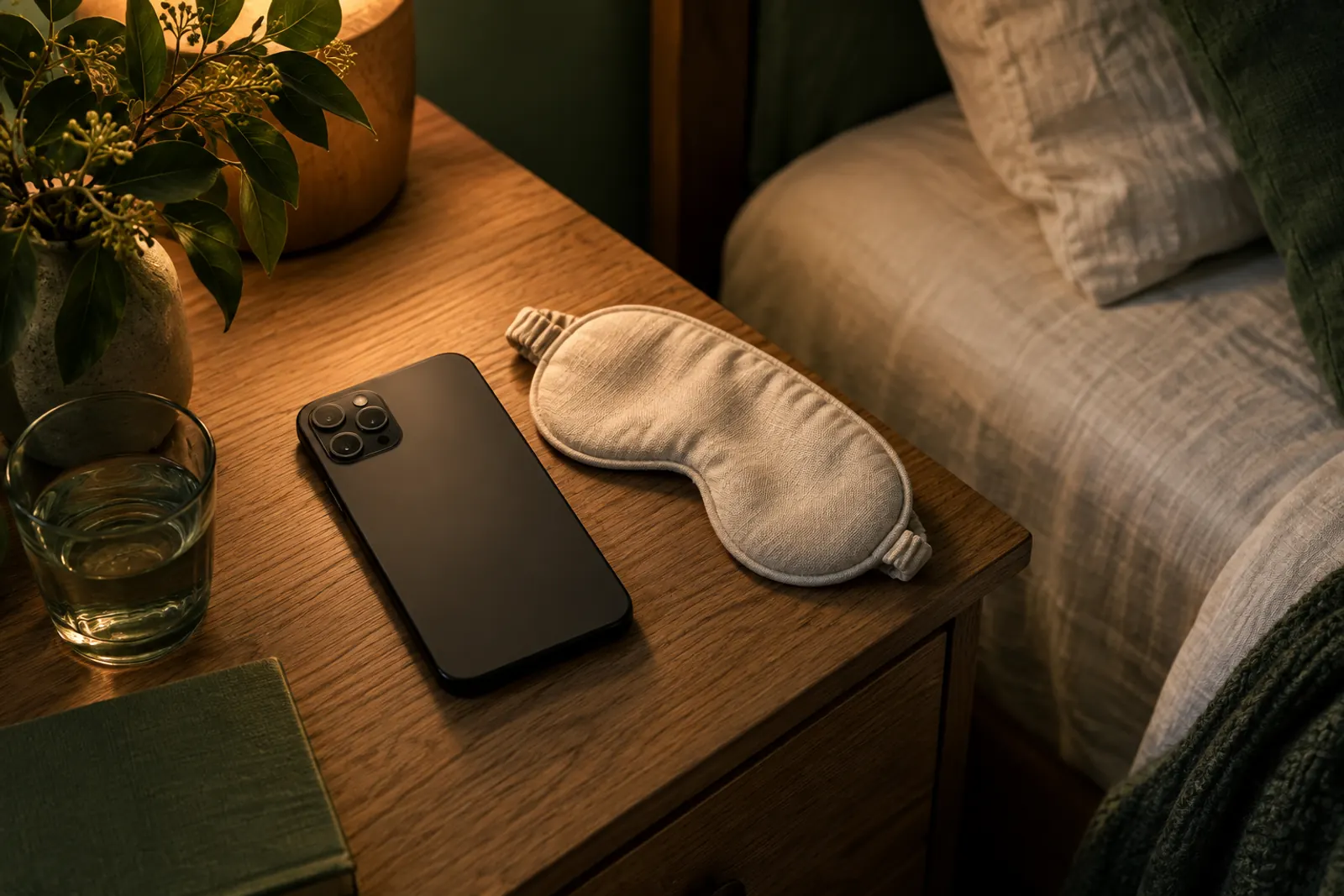 A phone placed face down beside a fabric sleep mask.