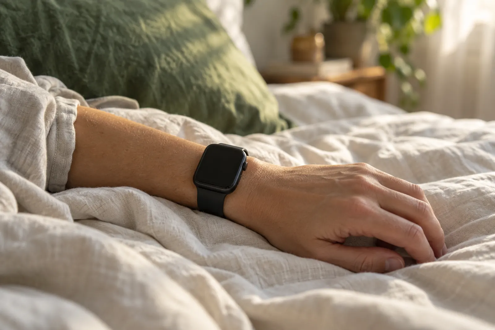 A hand wearing a smartwatch resting on pale linen bedding.